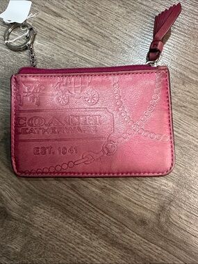 Coach Rose Pink Embossed Leather Zip Card Case Keychain